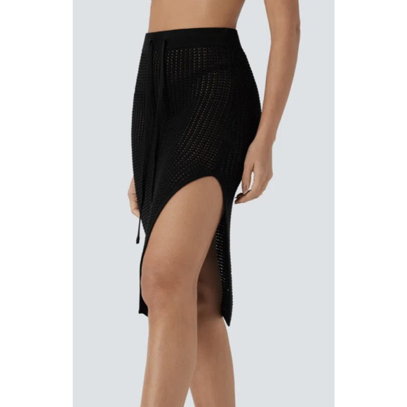 Halara Skirt Womens Small Black Crochet Knit Midi Swim Cover Up High Slit Beach - Picture 3 of 8